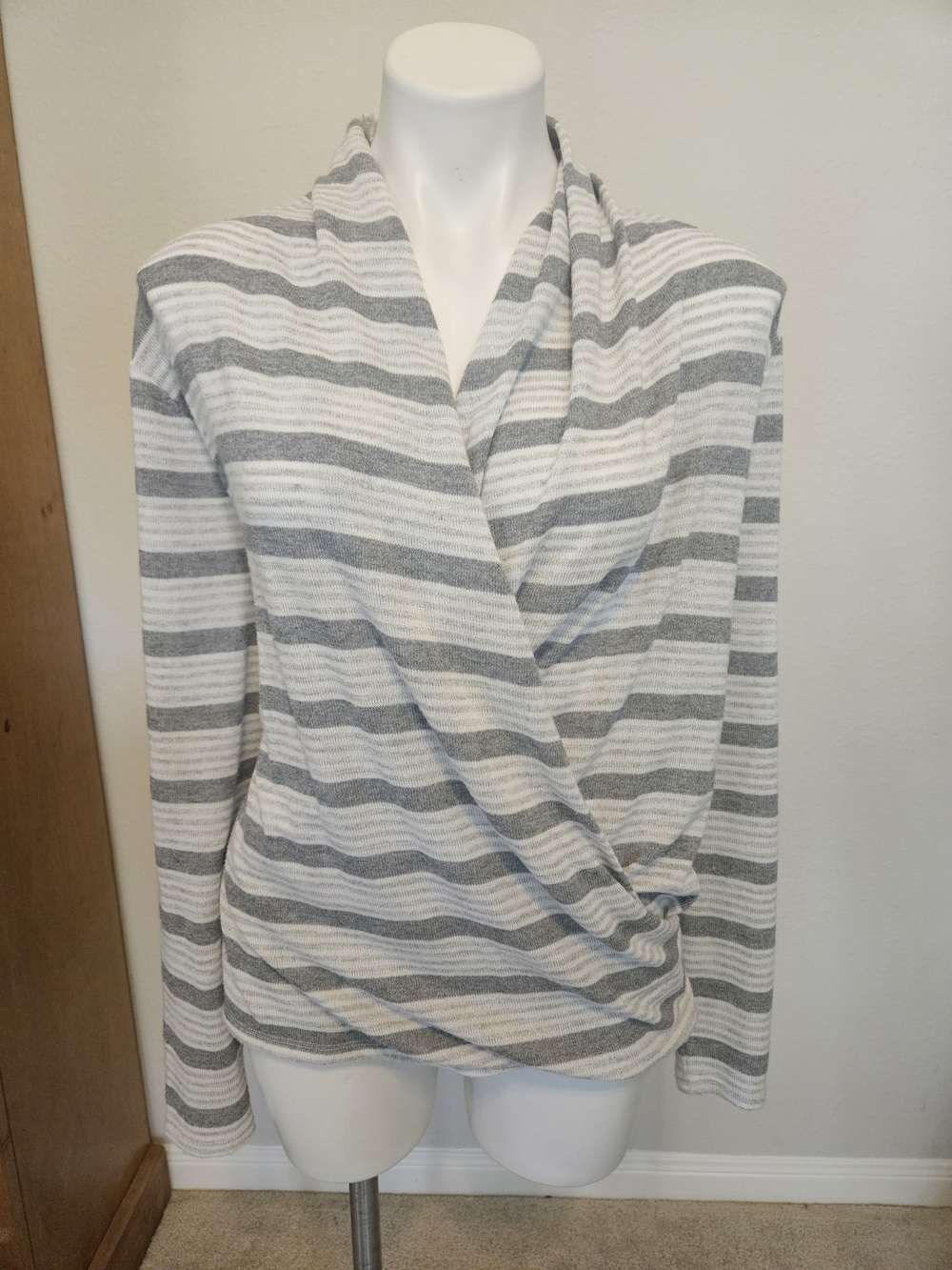 LOFT Striped Grey and White Wrap Front Top